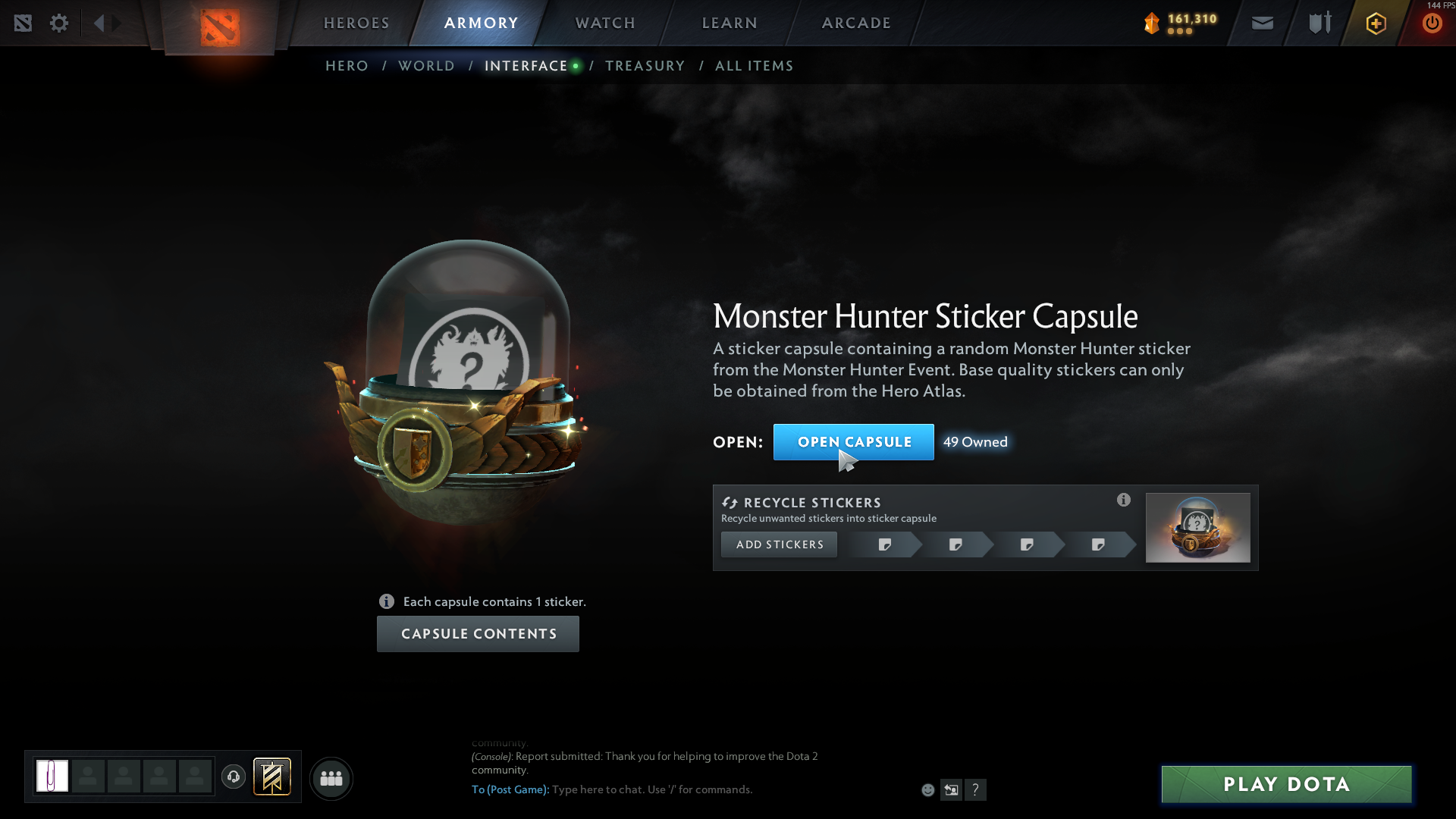 Capsule screen in Armory, with the mouse over "Open Capsule"